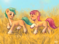 Size: 2048x1536 | Tagged: safe, artist:hirichie, hitch trailblazer, sunny starscout, earth pony, pony, g5, duo, duo male and female, eyes closed, female, male, mare, ship:starblazer, shipping, smiling, stallion, straight