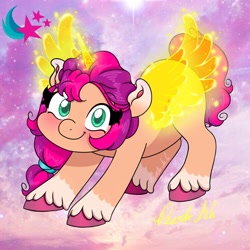 Size: 2048x2048 | Tagged: safe, artist:pearl a.g, sunny starscout, alicorn, pony, g5, artificial horn, artificial wings, augmented, blushing, cute, eyebrows, eyebrows visible through hair, female, filly, filly sunny starscout, high res, horn, looking at you, magic, magic horn, magic wings, race swap, smiling, smiling at you, solo, spread wings, sunnybetes, sunnycorn, wings, younger