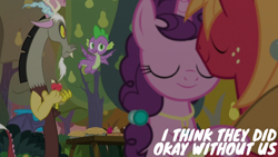 Size: 2000x1125 | Tagged: safe, edit, edited screencap, editor:quoterific, screencap, big macintosh, discord, spike, sugar belle, draconequus, dragon, earth pony, pony, g4, the big mac question, apple, female, food, male, mare, pear tree, pie, stallion, tree, winged spike, wings