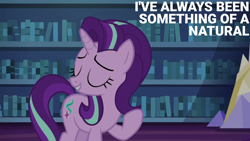 Size: 1920x1080 | Tagged: safe, edit, edited screencap, editor:quoterific, screencap, starlight glimmer, pony, unicorn, every little thing she does, g4, confident, eyes closed, female, grin, library, mare, raised hoof, smiling, solo, twilight's castle, twilight's castle library