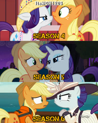 Size: 2458x3072 | Tagged: safe, edit, edited screencap, editor:itsmgh1203, screencap, applejack, rarity, earth pony, pony, unicorn, g4, made in manehattan, ppov, season 4, season 5, season 6, simple ways, applejack's hat, cowboy hat, duo, duo female, female, frown, hat, high res, mare, night, open mouth, shipping fuel, smiling, sweet apple acres, text