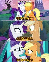 Size: 2458x3072 | Tagged: safe, edit, edited screencap, editor:itsmgh1203, screencap, applejack, mean applejack, rarity, earth pony, pony, unicorn, g4, honest apple, season 7, season 8, season 9, the beginning of the end, the mean 6, ^^, applejack's hat, clone, cowboy hat, crying, cute, duo, duo female, eyes closed, female, floppy ears, frown, hat, high res, hug, jackabetes, mare, open mouth, shipping fuel, smiling, sunset, text
