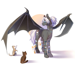 Size: 1608x1497 | Tagged: safe, artist:momoalistair, oc, oc only, bat pony, cat, pony, piercing, shadow, simple background, solo, spread wings, white background, wings