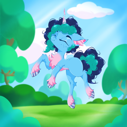 Size: 2500x2500 | Tagged: safe, artist:rurihal, misty brightdawn, pony, unicorn, g5, chest fluff, cute, ear fluff, eyes closed, female, freckles, happy, high res, leaping, leg fluff, mare, mistybetes, outdoors, smiling, solo, tree, unshorn fetlocks