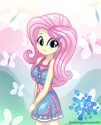 Size: 2015x2490 | Tagged: safe, artist:rjp.rammy, fluttershy, butterfly, human, equestria girls, g4, my little pony equestria girls: better together, bare shoulders, blushing, breasts, clothes, cute, cutie mark on clothes, dress, eyeshadow, female, hairpin, high res, looking at you, makeup, reasonably sized breasts, shyabetes, signature, sleeveless, smiling, smiling at you, solo