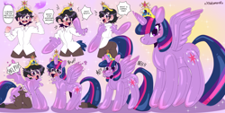 Size: 3400x1715 | Tagged: safe, artist:natsumera, twilight sparkle, oc, alicorn, human, inflatable pony, g4, big crown thingy, commission, crown, crying, dialogue, element of magic, emanata, fetish, gradient background, high res, human oc, human to pony, inanimate tf, inflatable, inflatable fetish, inflatable toy, inflation, jewelry, latex, latex fetish, male to female, muffled words, open mouth, panic, pool toy, pvc, regalia, rubber, rule 63, sequence, shadow, signature, simple background, sparkles, speech bubble, sweat, sweatdrops, swirly eyes, teary eyes, transformation, transformation sequence, transgender transformation, twilight sparkle (alicorn)