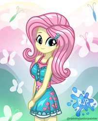 Size: 1080x1335 | Tagged: safe, alternate version, artist:rjp.rammy, fluttershy, butterfly, human, equestria girls, g4, my little pony equestria girls: better together, bare shoulders, blushing, breasts, clothes, cute, cutie mark on clothes, female, hairpin, looking at you, reasonably sized breasts, shyabetes, signature, sleeveless, smiling, smiling at you, solo