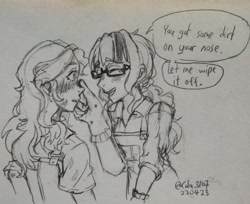 Size: 2048x1674 | Tagged: safe, artist:cola_3107, sci-twi, sunset shimmer, twilight sparkle, human, equestria girls, g4, duo, female, monochrome, sketch, traditional art