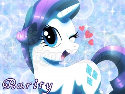 Size: 1024x768 | Tagged: safe, artist:pagonmoon, rarity, pony, unicorn, g4, abstract background, big honkin' watermark in the middle of everything, heart, one eye closed, solo, wink