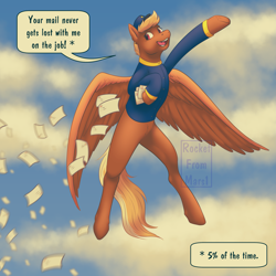 Size: 3849x3848 | Tagged: safe, artist:rocketfrommars1, swift reply, pegasus, pony, g4, blonde, clothes, cloud, female, flying, hat, high res, letter, mail, mare, red eyes, signature, sky background, smiling, speech bubble, spread wings, uniform, wings