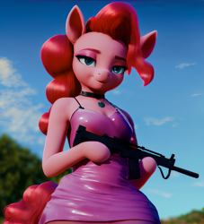 Size: 1392x1536 | Tagged: safe, ai assisted, ai content, prompter:saphkey, pinkie pie, earth pony, anthro, g4, 3d, choker, clothes, dress, eyeshadow, female, gun, jewelry, makeup, necklace, rifle, shiny clothing, solo, weapon