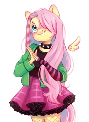 Size: 755x1038 | Tagged: safe, artist:melodylibris, fluttershy, pegasus, anthro, dtiys emoflat, g4, blushing, choker, clothes, cute, draw this in your style, ear blush, evening gloves, female, fingerless elbow gloves, fingerless gloves, fishnet stockings, floating wings, gloves, grin, hair over one eye, hands together, head tilt, jacket, long gloves, looking up, mare, plaid skirt, shyabetes, simple background, skirt, smiling, solo, spiked choker, striped gloves, white background, wings