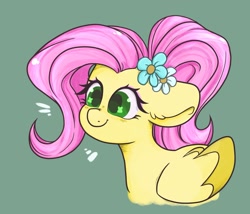 Size: 2017x1723 | Tagged: safe, artist:indigohatetrain, fluttershy, pegasus, pony, g4, alternate hairstyle, cute, female, flower, flower in hair, green background, shyabetes, simple background, solo