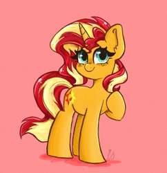 Size: 1748x1804 | Tagged: safe, artist:indigohatetrain, sunset shimmer, pony, unicorn, g4, cute, female, pink background, simple background, solo