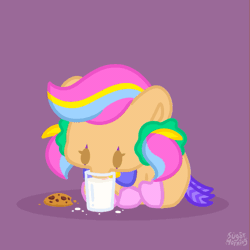 Size: 585x584 | Tagged: safe, artist:sugar morning, oc, oc only, oc:joyance, original species, pony, animated, baby, baby pony, battle gem ponies, chibi, clothes, clown, commission, cookie, crossover, cute, digital art, drink, drinking, female, filly, foal, food, glass, highlights, lapping, licking, milk, mlem, pink hair, pixel art, silly, smol, snacks, socks, solo, tongue out, video game, weapons-grade cute, ych animation, ych example, ych result