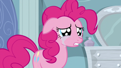 Size: 1280x720 | Tagged: safe, screencap, pinkie pie, earth pony, pony, g4, season 5, tanks for the memories, crying, cute, diapinkes, female, floppy ears, implied rainbow dash, male, mare, pinkie cry, sad, sadorable, solo, teary eyes