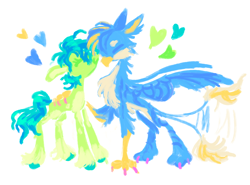 Size: 1280x946 | Tagged: safe, artist:webkinzworldz, gallus, sandbar, earth pony, griffon, pony, g4, body markings, cheek fluff, cheek kiss, chest fluff, claws, coat markings, colored hooves, duo, ear fluff, eyes closed, gay, heart, kissing, leonine tail, male, neck fluff, pale belly, paws, ship:gallbar, shipping, simple background, socks (coat markings), spread wings, standing, tail, tail wag, talons, unshorn fetlocks, white background, wings