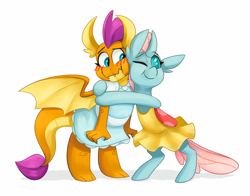 Size: 3894x3046 | Tagged: safe, artist:luximus17, ocellus, smolder, changedling, changeling, dragon, g4, blushing, changeling x dragon, clothes, commission, cute, diaocelles, dragoness, dress, female, high res, hug, interspecies, lesbian, one eye closed, ship:smolcellus, shipping, simple background, smolderbetes, white background