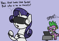 Size: 2048x1448 | Tagged: safe, artist:ewoudcponies, rarity, spike, dragon, pony, unicorn, g4, computer, duo, female, male, offscreen character, simple background, virtual reality