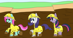 Size: 3500x1800 | Tagged: safe, artist:amateur-draw, rarity, twilight sparkle, oc, oc:belle boue, alicorn, pony, unicorn, g4, female, hat, male, mare, mud, mud play, mud pony, muddy, muddy hooves, pvc, raincoat, rubber, simple background, stallion, twilight sparkle (alicorn), wet and messy