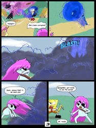 Size: 7500x10000 | Tagged: safe, artist:chedx, fluttershy, twilight sparkle, alicorn, pony, comic:learning with pibby glitch battles, g4, comic, commission, crossover, female, fight, male, multiverse, pibby, sonic the hedgehog, sonic the hedgehog (series), spongebob squarepants, spongebob squarepants (character), twilight sparkle (alicorn)