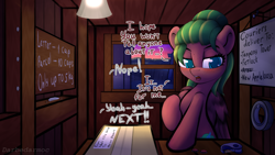 Size: 4096x2304 | Tagged: safe, artist:darbedarmoc, oc, oc only, oc:melon heart, pegasus, pony, fallout equestria, blushing, cap, chalk, dialogue, hat, lamp, mail, nails, package, post office, sign, standing, sunrise, table, tape, two toned mane, window