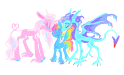 Size: 1280x773 | Tagged: safe, artist:webkinzworldz, clear sky, princess ember, rainbow dash, dragon, pegasus, pony, unicorn, g4, blush scribble, claws, colored eyelashes, colored hooves, colored wings, crack shipping, eyes closed, eyeshadow, height difference, leonine tail, makeup, multicolored hair, multicolored wings, polyamory, polygamy, rainbow hair, rainbow wings, scales, ship:cleardash, ship:clearember, ship:clearemberdash, ship:emberdash, shipping, simple background, smiling, sparkly wings, spread wings, standing, tail, trio, unshorn fetlocks, white background, wings