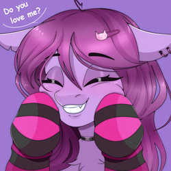 Size: 800x800 | Tagged: safe, artist:munrei, oc, oc only, oc:purple fullmoon, bat pony, blushing, bust, choker, clothes, ear piercing, eyes closed, fangs, gloves, gradient background, hair accessory, male, piercing, portrait, smiling, solo, striped gloves, text