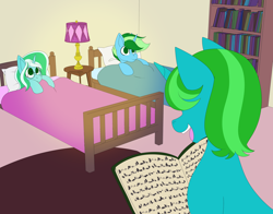 Size: 4200x3300 | Tagged: safe, artist:calamity-studios, oc, oc only, pony, unicorn, bed, book, bookshelf, colt, female, filly, foal, glasses, lamp, male