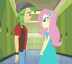 Size: 3335x2951 | Tagged: safe, artist:3d4d, fluttershy, sandalwood, human, equestria girls, g4, duo, female, high res, lockers, male, sandalshy, shipping, straight