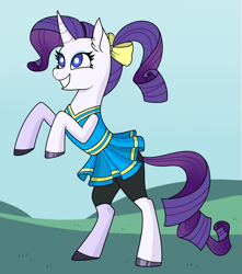 Size: 1280x1451 | Tagged: safe, artist:sicknastyjr, rarity, pony, unicorn, g4, bow, cheerleader, cheerleader outfit, clothes, female, hair bow, mare, rearing, shorts, skirt, smiling, solo, white pupils