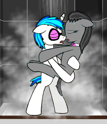 Size: 782x903 | Tagged: safe, artist:lekonar13, dj pon-3, octavia melody, vinyl scratch, earth pony, pony, unicorn, g4, bipedal, bowtie, duo, female, half r63 shipping, kissing, male, mare, octavia's bowtie, pony on pony action, record scrape, rule 63, ship:scrapetavia, ship:scratchtavia, shipping, shower, stallion, stallion on mare, straight, sunglasses, vinyl's glasses, wet, wet bowtie, wet mane