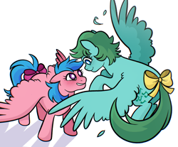 Size: 1280x1062 | Tagged: safe, artist:sicknastyjr, firefly, medley, pegasus, pony, g1, blushing, bow, duo, female, flying, lesbian, looking at each other, looking at someone, mare, ship:medlefly, shipping, simple background, smiling, smiling at each other, tail, tail bow, white background, white pupils