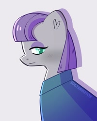 Size: 2000x2500 | Tagged: safe, artist:edgyanimator, derpibooru exclusive, maud pie, earth pony, pony, g4, :i, blue eyes, blushing, bust, cel shading, closed mouth, clothes, coat, colored, colored lineart, colored pupils, digital art, drop shadow, eyeliner, eyeshadow, female, firealpaca, gray coat, gray fur, half body, high res, highlights, lidded eyes, looking at you, makeup, mare, poker face, portrait, profile, purple eyeshadow, purple hair, purple mane, shading, short hair, short mane, side view, signature, simple, simple background, simple shading, solo, straight hair, straight mane, unamused, watermark, white background