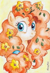 Size: 758x1098 | Tagged: safe, artist:nancyksu, pear butter, earth pony, pony, g4, season 7, the perfect pear, bust, female, flower, flower in hair, looking at you, mare, messy mane, smiling, solo, traditional art