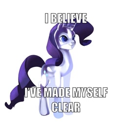 Size: 1024x1024 | Tagged: safe, artist:aztrial, rarity, pony, unicorn, g4, brush, caption, clear, comb, cutie mark magic, female, hairbrush, horn, i've made myself clear, impact font, jewelry, joke, mare, meme, meta, pun, reaction image, simple background, snow globe, snowglobe pony, solo, text, toy, transparent flesh, water cuties, white background