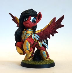 Size: 1254x1267 | Tagged: safe, artist:ubrosis, oc, oc only, oc:steelsong, pegasus, pony, armor, armored pony, craft, female, figurine, gradient background, mare, miniature, photo, sculpture, solo, spread wings, wings