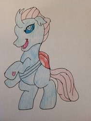 Size: 4032x3024 | Tagged: safe, artist:mintwhistle, ocellus, changedling, changeling, g3, g4, crayon drawing, female, g4 to g3, generation leap, heart, looking at you, open mouth, open smile, rearing, smiling, smiling at you, solo, style emulation, teenager, traditional art