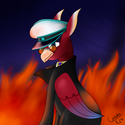 Size: 2000x2000 | Tagged: safe, artist:hno3, oc, oc only, oc:george_red, griffon, clothes, eared griffon, fire, glasses, griffon oc, hat, high res, male, solo, uniform