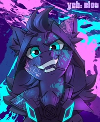 Size: 739x900 | Tagged: safe, artist:redchetgreen, pony, abstract background, bust, cigarette, commission, gas mask, gritted teeth, looking at you, mask, portrait, solo, teeth, ych result