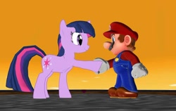 Size: 1080x683 | Tagged: safe, artist:supercarlosvillar, twilight sparkle, pony, unicorn, g4, 3d, crossover, duo, gradient background, handshake, mario, mmd, super mario bros., unicorn twilight