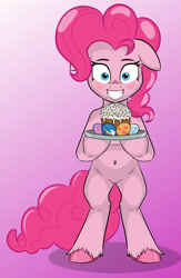 Size: 977x1500 | Tagged: safe, artist:cutiecarbon, pinkie pie, earth pony, pony, semi-anthro, g4, arm hooves, belly button, bipedal, cake, easter, egg, fairy cake, featureless crotch, food, gradient background, holiday, kulich, solo, unshorn fetlocks