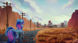 Size: 1580x880 | Tagged: safe, artist:adagiostring, oc, oc only, alicorn, pony, fallout equestria, alicorn oc, armor, cliff, commission, desert, horn, looking away, parent:princess luna, power line, rear view, road, solo, town, wings