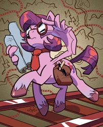 Size: 2600x3200 | Tagged: safe, artist:geatmos, oc, oc only, pegasus, pony, bag, glasses, high res, necktie, saddle bag, solo, train tracks, wing hands, wings