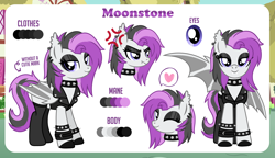 Size: 4632x2661 | Tagged: safe, artist:jennieoo, oc, oc only, oc:moonstone, bat pony, pony, angry, black eyeshadow, choker, clothes, commission, cross-popping veins, cute, cute little fangs, ear piercing, earring, emanata, eyeshadow, fangs, front view, goth, heart, it's not a phase, jacket, jewelry, leather, leather jacket, leather vest, looking at you, makeup, one eye closed, piercing, punk, purple eyes, reference, reference sheet, side view, smiling, smiling at you, solo, spiked choker, spiked wristband, stockings, thigh highs, two toned mane, vector, vest, wink, wristband