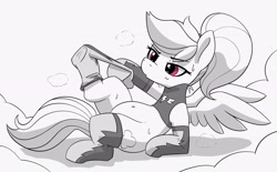 Size: 2500x1549 | Tagged: safe, artist:pabbley, rainbow dash, pegasus, pony, g4, alternate hairstyle, belly, belly button, clothes, cloud, female, grayscale, latex, latex socks, lying down, lying on a cloud, mare, monochrome, on a cloud, on back, partial color, ponytail, socks, solo, spread wings, sweat, undressing, uniform, wings, wonderbolts uniform
