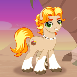 Size: 1600x1600 | Tagged: safe, artist:cloudy glow, golden waves, earth pony, pony, g4, g5, my little pony: make your mark, beach, g5 to g4, generation leap, grin, jewelry, lidded eyes, looking at you, male, movie accurate, necklace, signature, smiling, solo, stallion, tail, unshorn fetlocks, vector