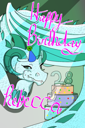 Size: 800x1200 | Tagged: safe, artist:lullabyjak, dragon, birthday, birthday cake, cake, eating cake, food, hat, party hat