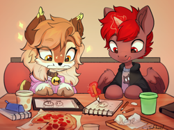 Size: 2628x1967 | Tagged: safe, artist:sofiko-ko, oc, oc only, oc:hardy, oc:sofiko, alicorn, deer, pony, bell, bell collar, clothes, collar, drawing, ear fluff, female, food, hoodie, magic, male, pencil, pizza, stallion, straight, tablet, telekinesis, tongue out