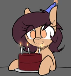 Size: 899x957 | Tagged: safe, artist:lockheart, oc, oc only, oc:lockie, earth pony, pony, birthday cake, birthday candles, cake, candle, eye clipping through hair, female, food, gray background, hat, mare, no pupils, party hat, simple background, smiling, solo